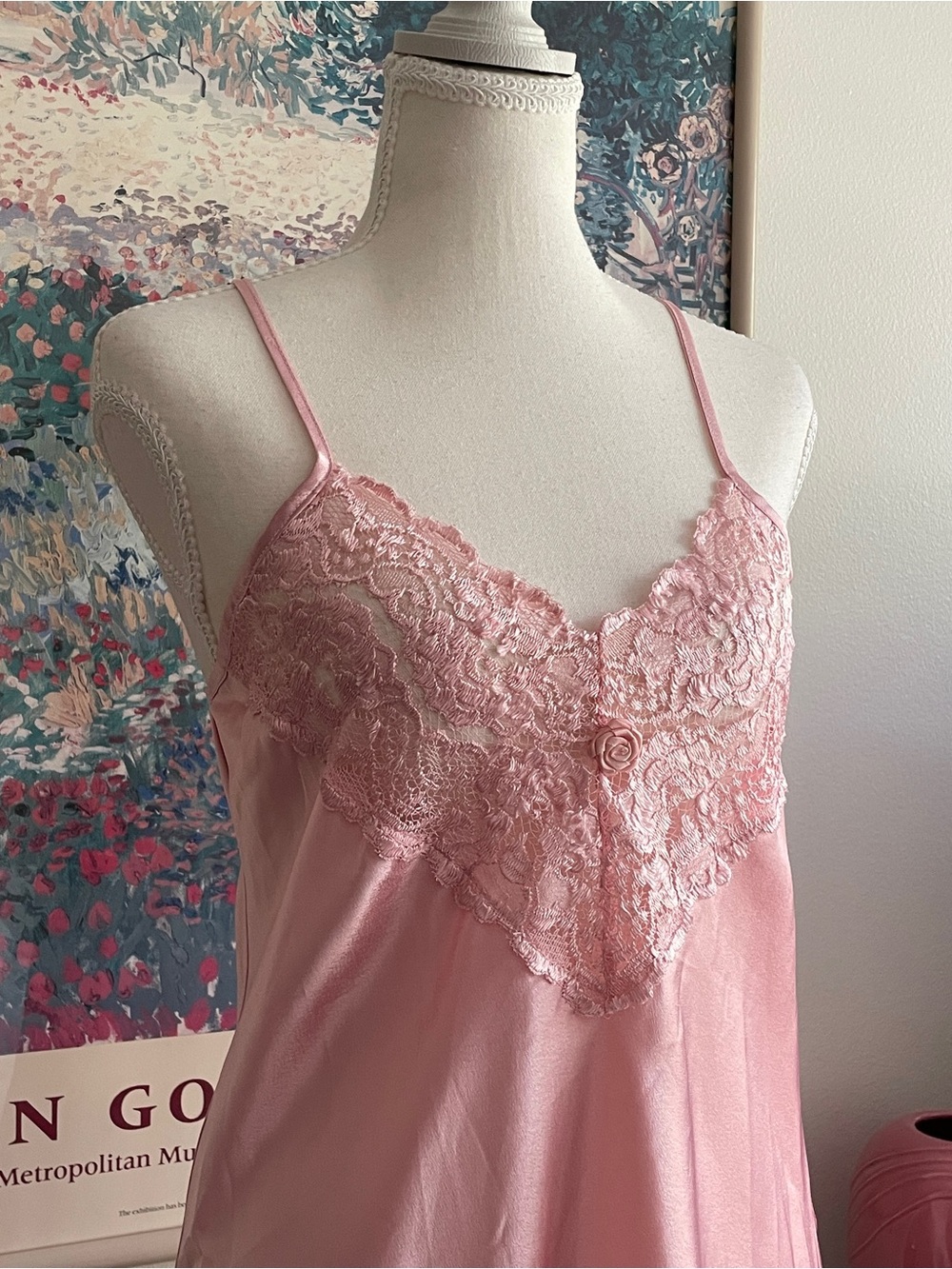Vintage Slip Dress Small Pink Satin Lace Coquette Fairy Bridal Nightgown 90s - Picture 6 of 9